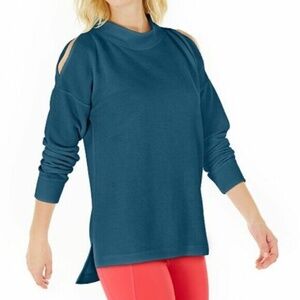 Ideology Slit Shoulder Ribbed Vented Mock Neck Top, Blue Gem, M